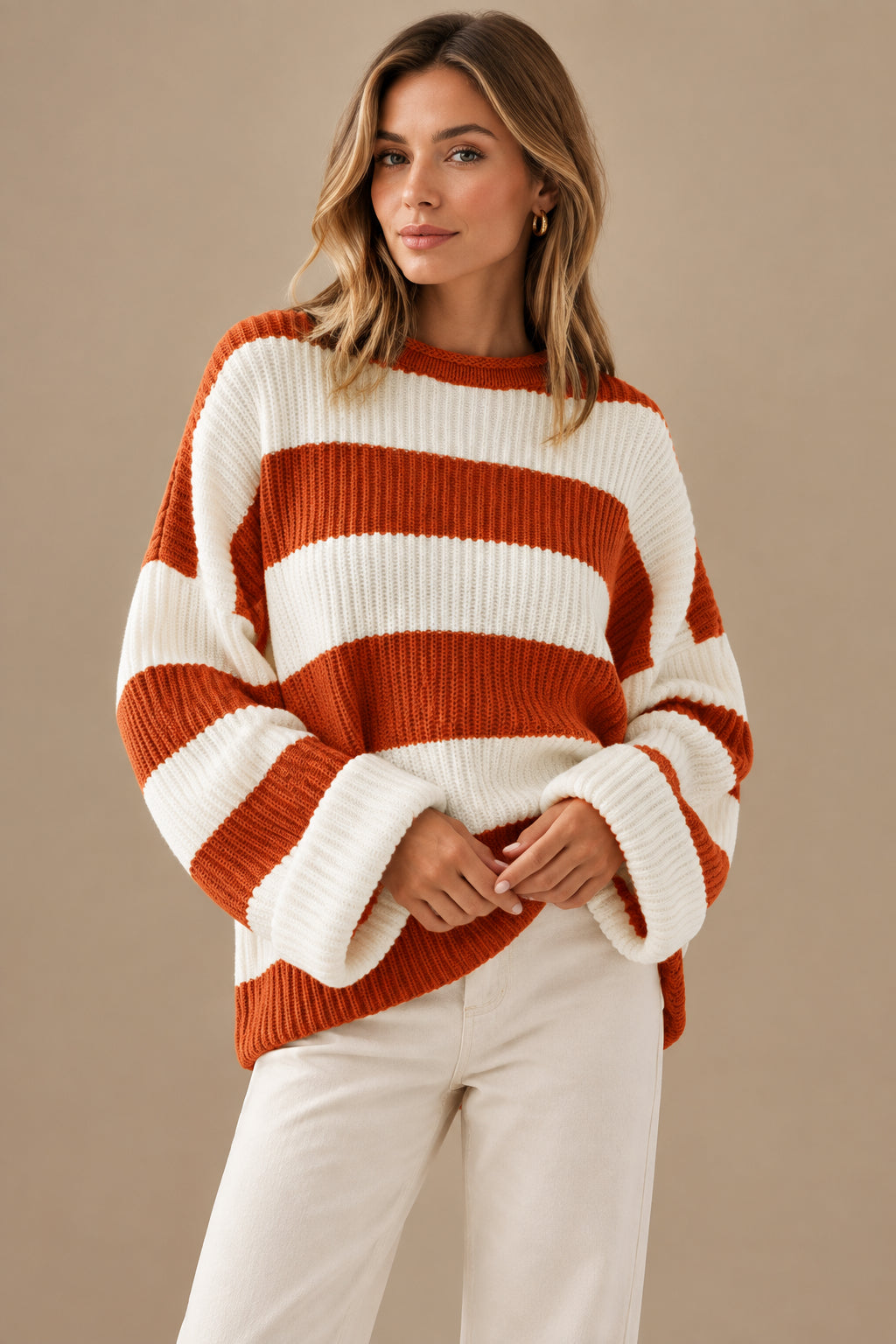 Women's Striped Knit Sweater – Soft Batwing Sleeve Pullover