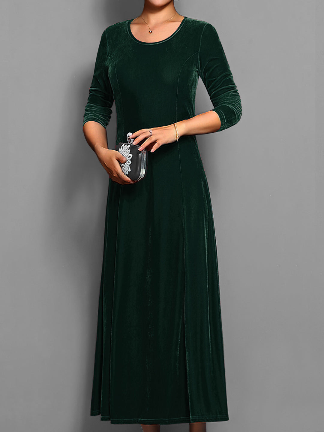 Velvet Midi Dress for Women – 3/4 Sleeve A-Line Classic