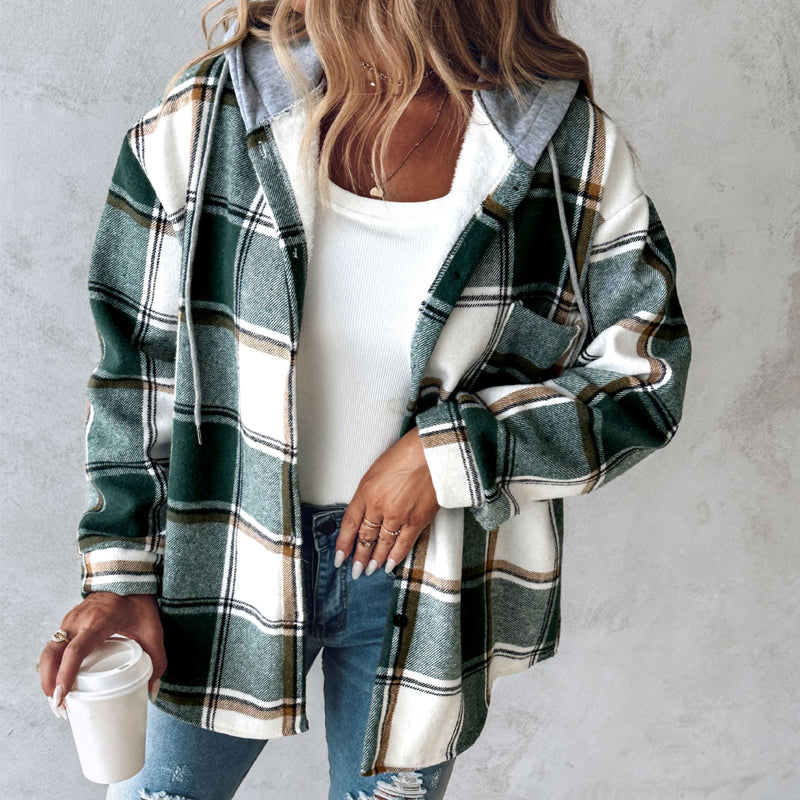 Plaid Hooded Jacket for Women – Button Front, Casual Cotton Blend