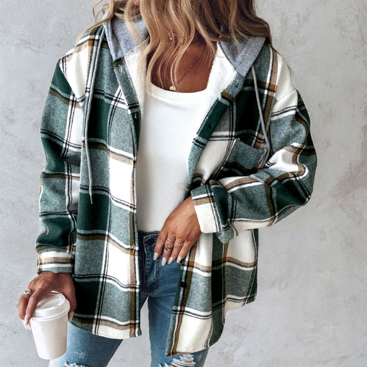 Plaid Hooded Jacket for Women – Button Front, Casual Cotton Blend