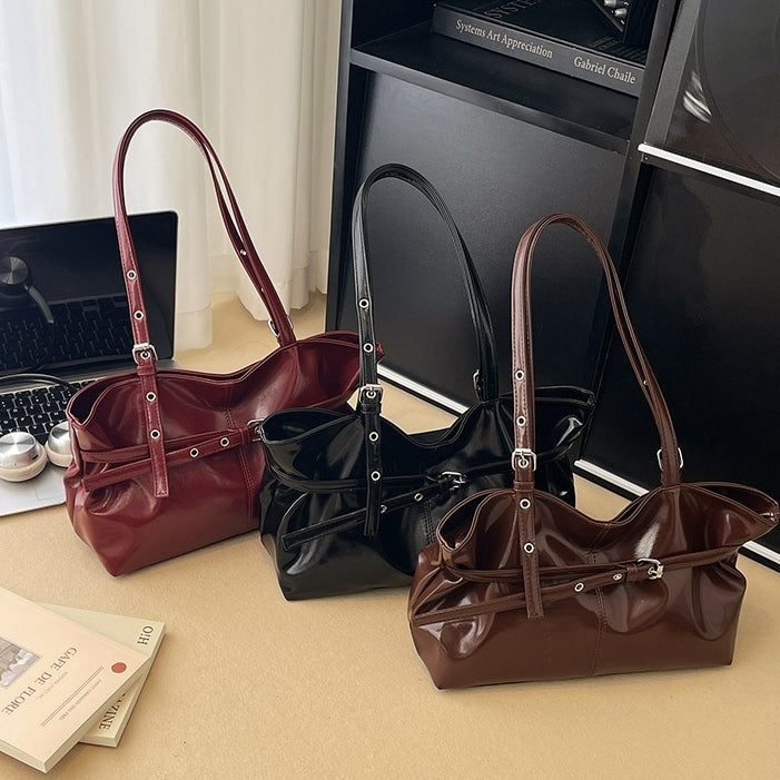 Women's Structured Leather Handbag with Buckle and Double Straps