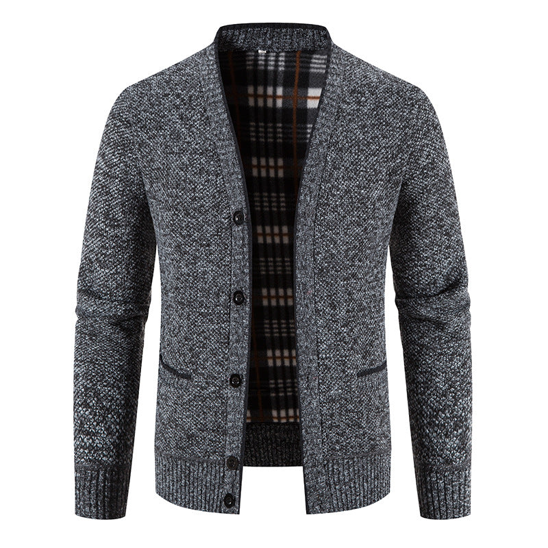 Men's Knitted Cardigan Sweater – Plush V-Neck Long Sleeve Rib Hem