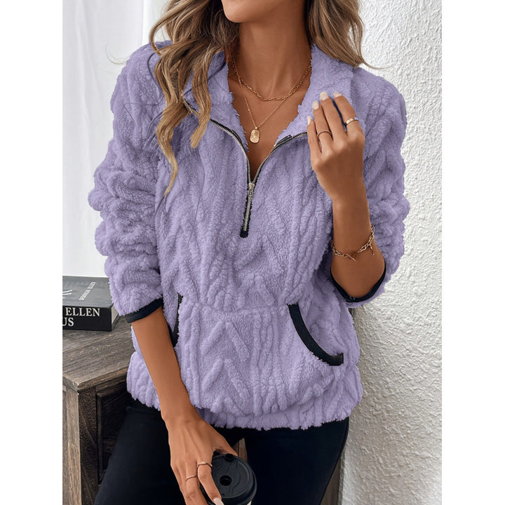 Women's Plush Sweater – Contrast Collar Half-Zip Design