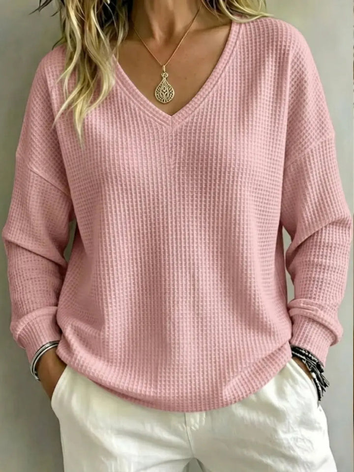 Women's V-Neck Long Sleeve Pullover Top – Regular Fit, Fluid Drape
