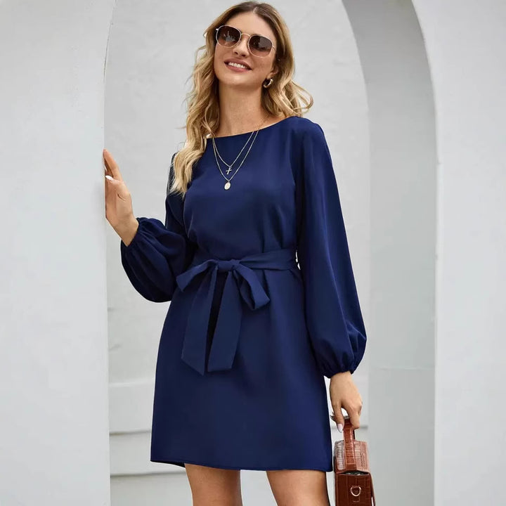 Women's Midi Dress – High Waist A-Line, Long Sleeve, Drapey Fabric