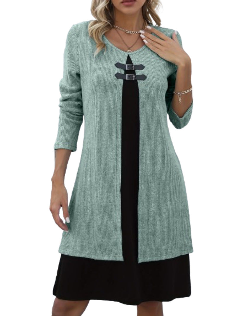 Women's Sweater Mini Dress – Contrast Layered Buckle Detail