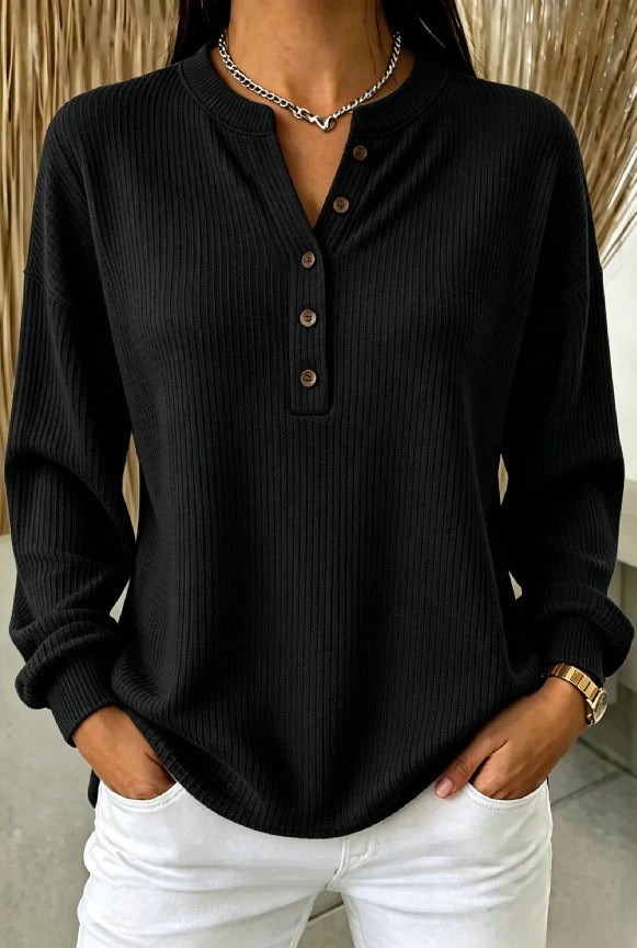 Women's Ribbed Knit Henley Top – Soft Long Sleeve T-Shirt