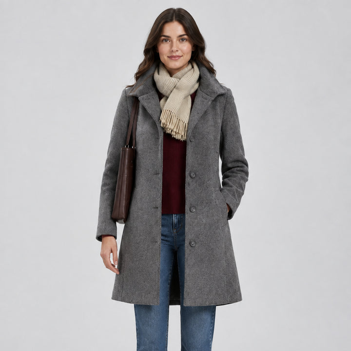 Women's Woolen Midi Coat – Slim Suit Collar and Long Sleeves