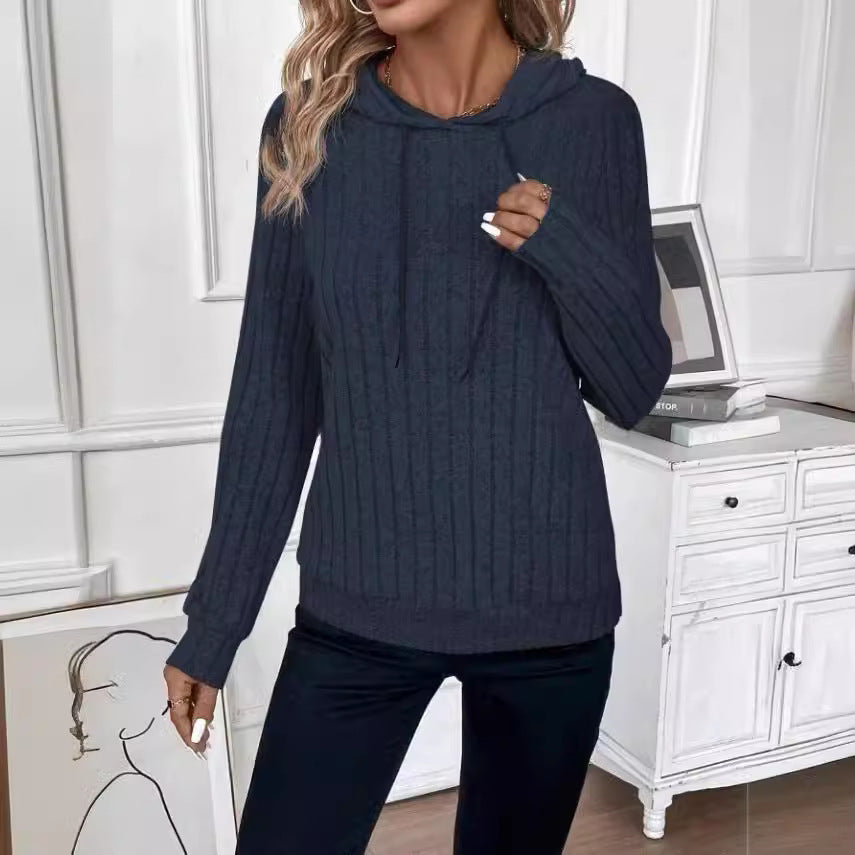 Women's Ribbed Pullover Hoodie – Textured Stripe Knit, Long Sleeve