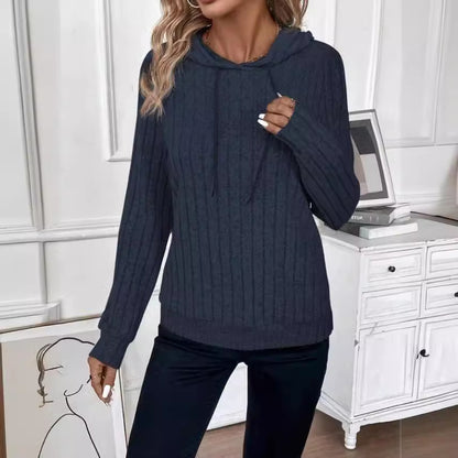Women's Ribbed Pullover Hoodie – Textured Stripe Knit, Long Sleeve