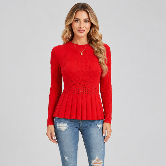 Women's Slim Fit Pleated Sweater Top – Crocheted Flower Detail