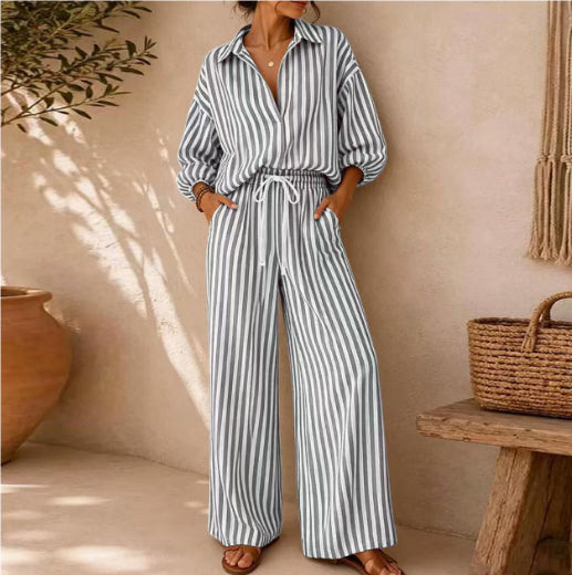Women's Striped Shirt and Pants Set – Relaxed Lantern Sleeve Design