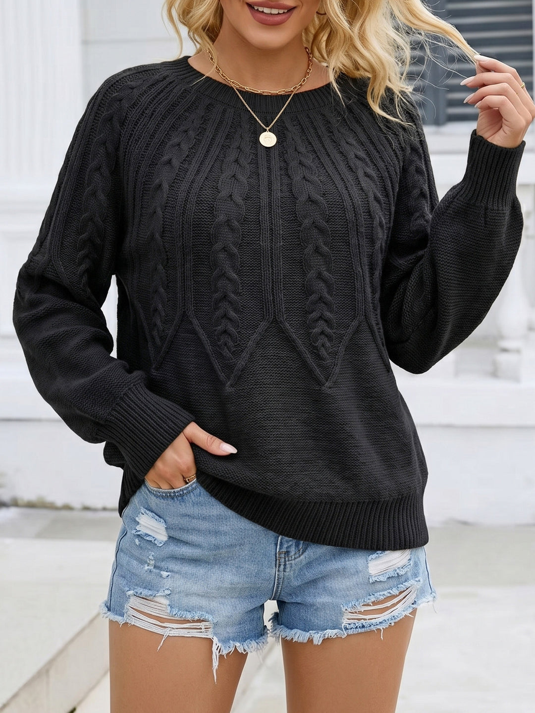 Women's Cable-Knit Sweater – Soft Cotton Yarn, Long Sleeve