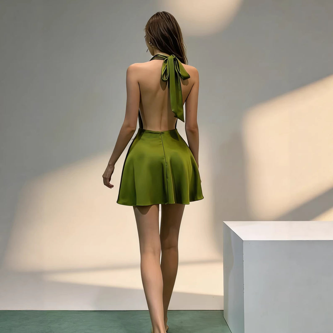 Women's Satin Halter-Neck Mini Dress – Backless High Waist Silhouette