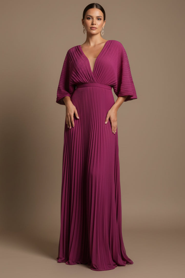 A-Line Maxi Dress in Easy-Care Fabric – V-Neck, Batwing Sleeve