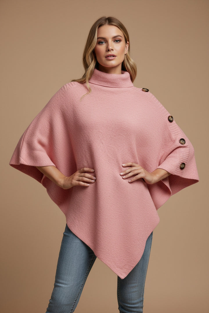 Women's Turtleneck Cape Sweater – Knit Cloak with Button Detail
