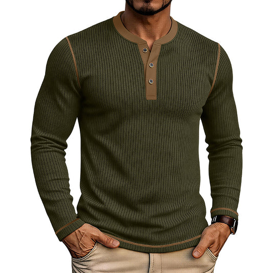 Men’s Colorblock Henley Long Sleeve Cotton T-Shirt – Textured Pullover