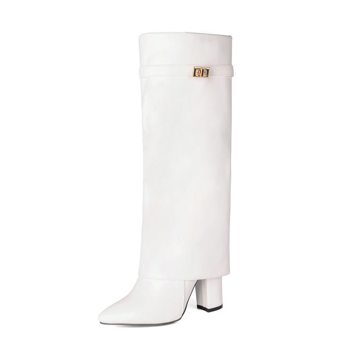 Women's Vegan Leather High Shaft Boot – Pointed Toe, Metal Buckle