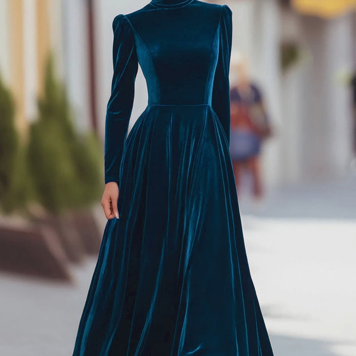 Women's Maxi Dress in Structured Fabric – High Neck & Puffed Sleeves