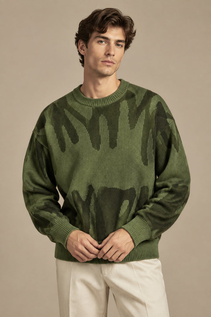 Men's Knit Sweater – Minimalist Print, Loose Casual Pullover
