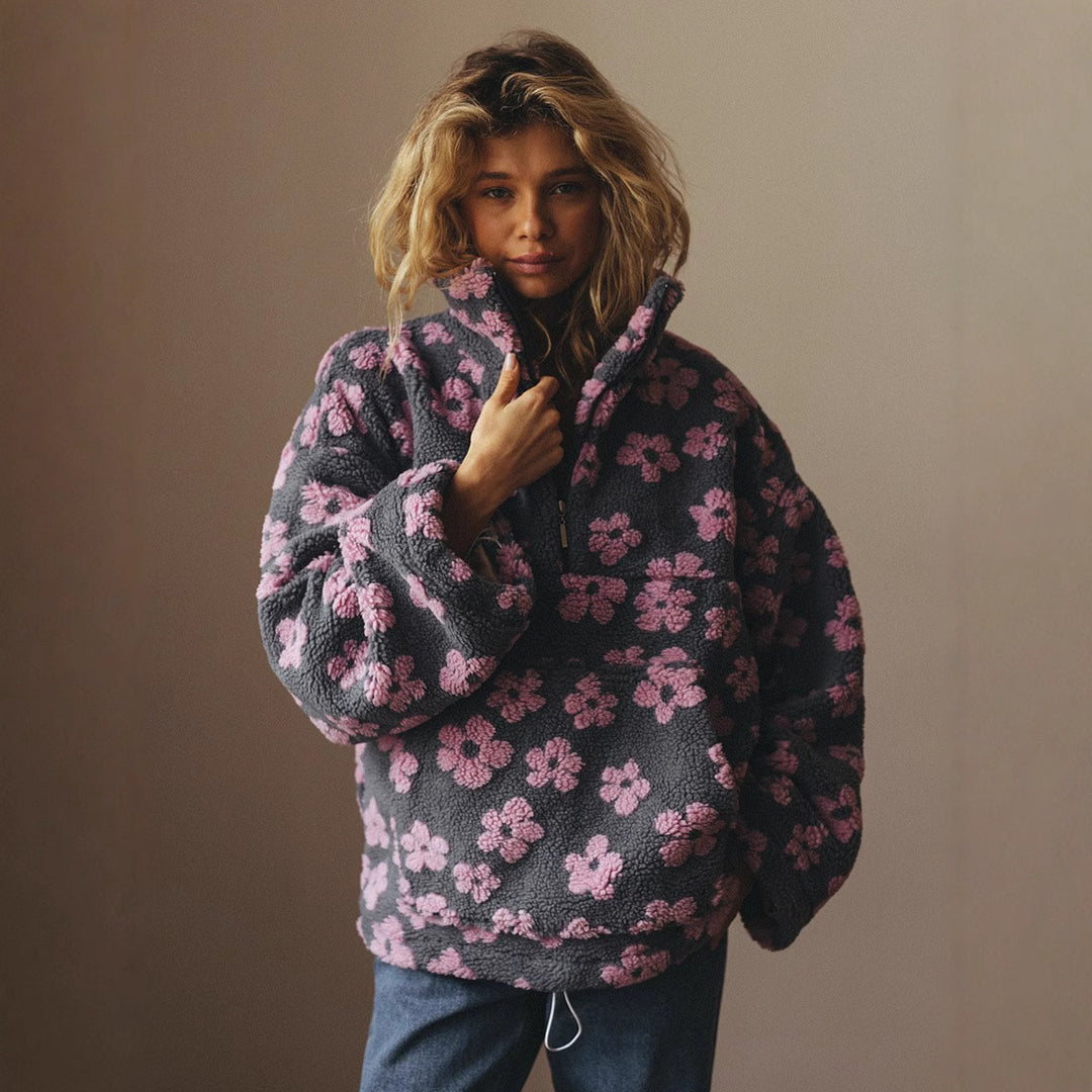 Women's Fleece Hoodie – Thick Floral Loose Fit with Pockets