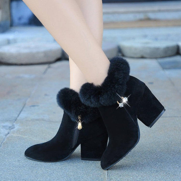 Women's Suede Fringed Boot – Pointed Toe Rhinestone Zip