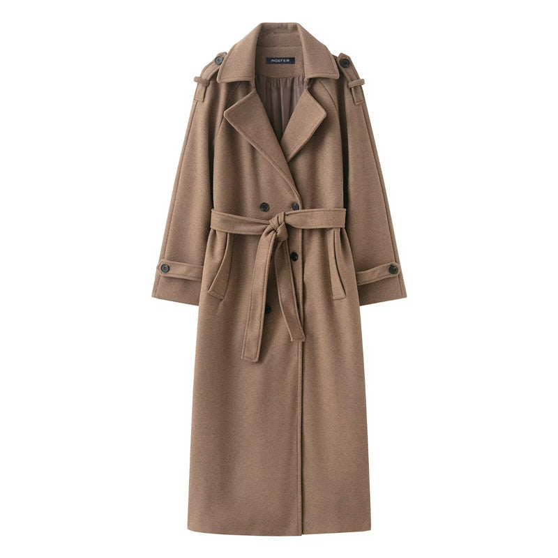 Women's Double-Breasted Long Coat – Belted, Notch Lapel Silhouette
