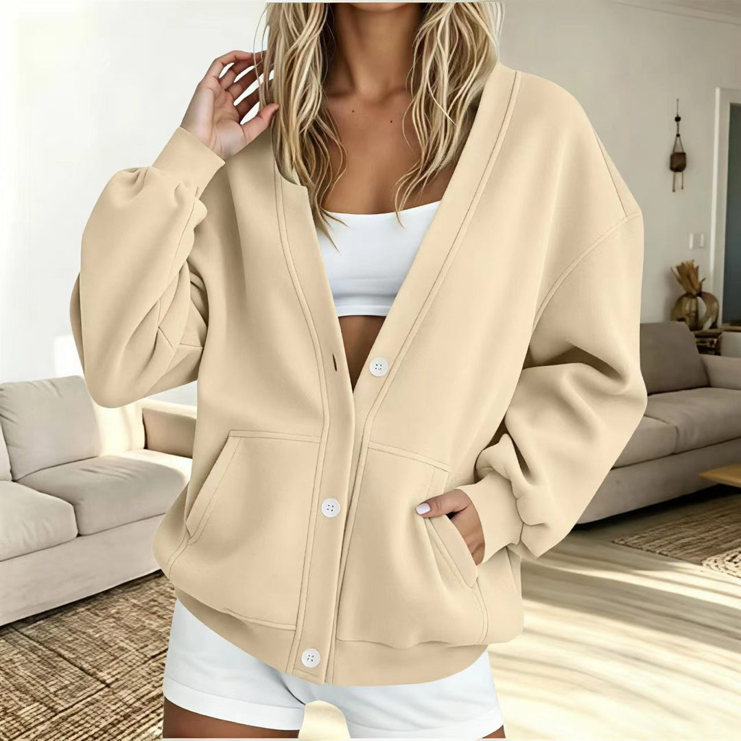Women's Fleece Button-Up Cardigan Jacket – Relaxed Long-Sleeve Fit