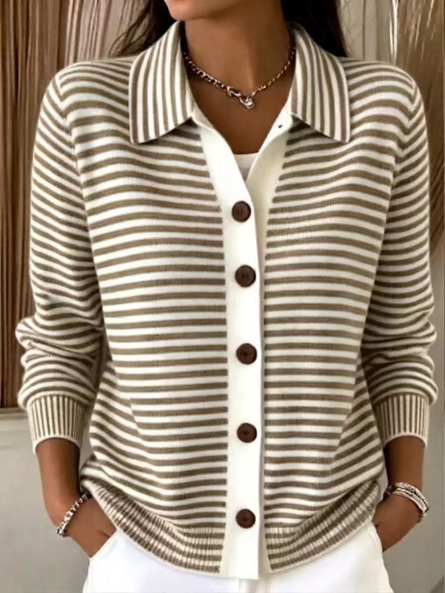 Women's Striped Knit Cardigan Button-Down Soft Cotton Layered Sweater