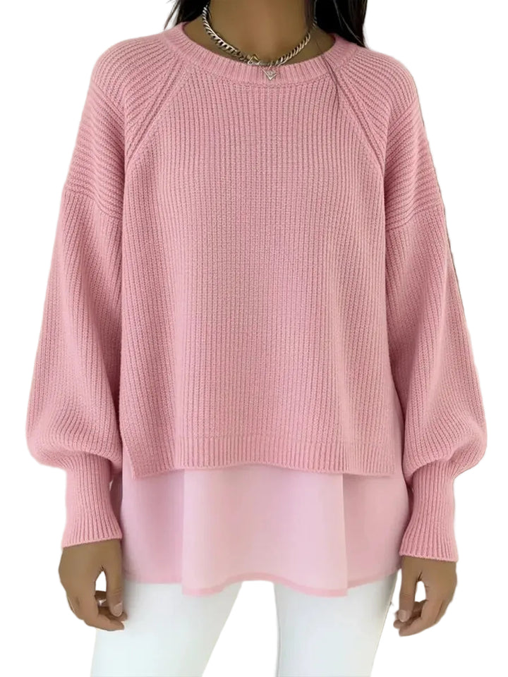 Women's Knit Sweater With Chiffon Hem – Relaxed Lantern Sleeve Design