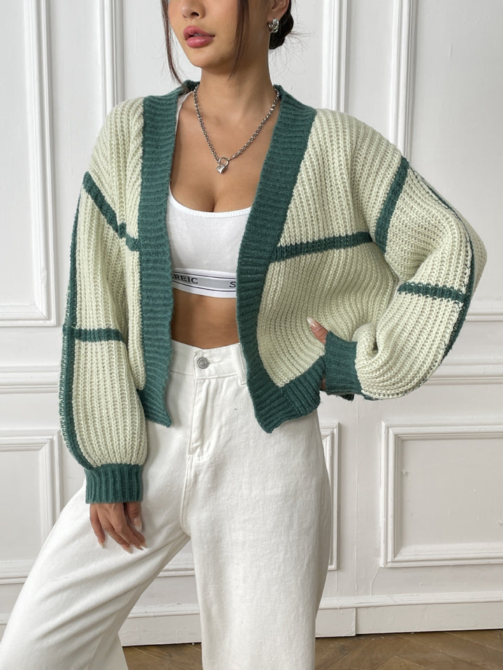 Women's Patchwork Sweater – Color Contrast Lantern Sleeve Pullover