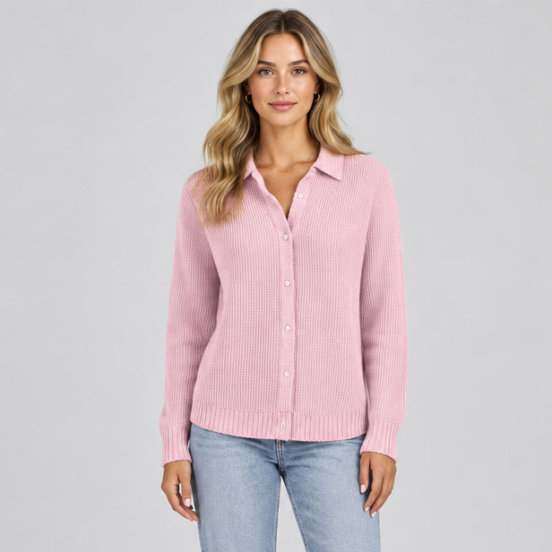 Women's Knitted Sweater with Lapel – Button Front, Relaxed Fit