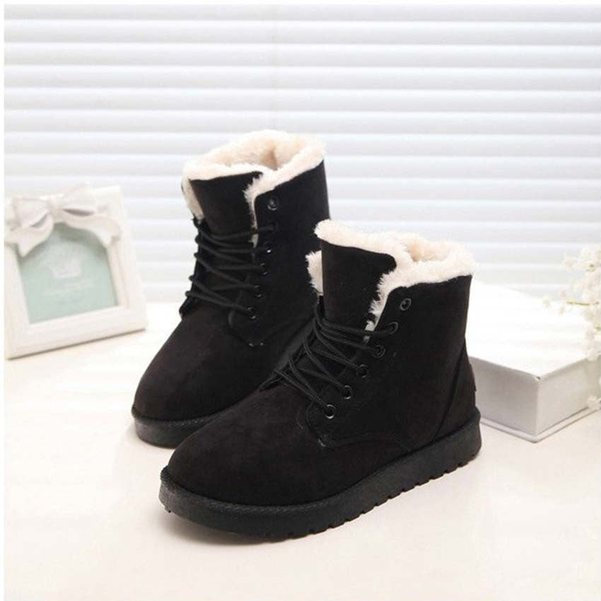 Women's Snow Boot – Textured Cotton Upper, Flat Heel, Lace-Up Bow