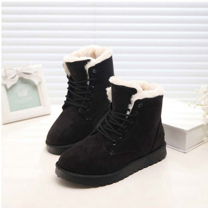 Women's Snow Boot – Textured Cotton Upper, Flat Heel, Lace-Up Bow