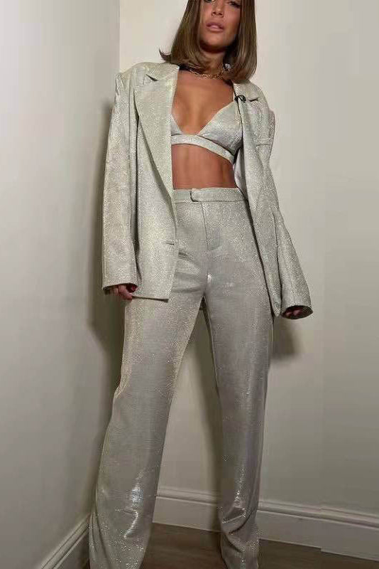 Women's Glitter Blended Three Piece Suit Set – Modern Straight Leg Cut