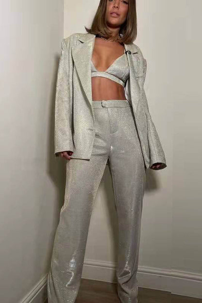 Women's Glitter Blended Three Piece Suit Set – Modern Straight Leg Cut