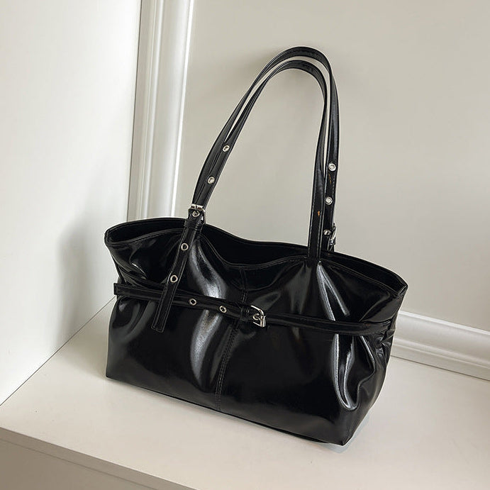 Women's Structured Leather Handbag with Buckle and Double Straps