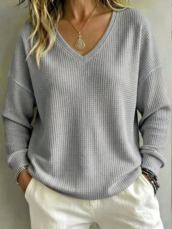 Women's V-Neck Long Sleeve Pullover Top – Regular Fit, Fluid Drape