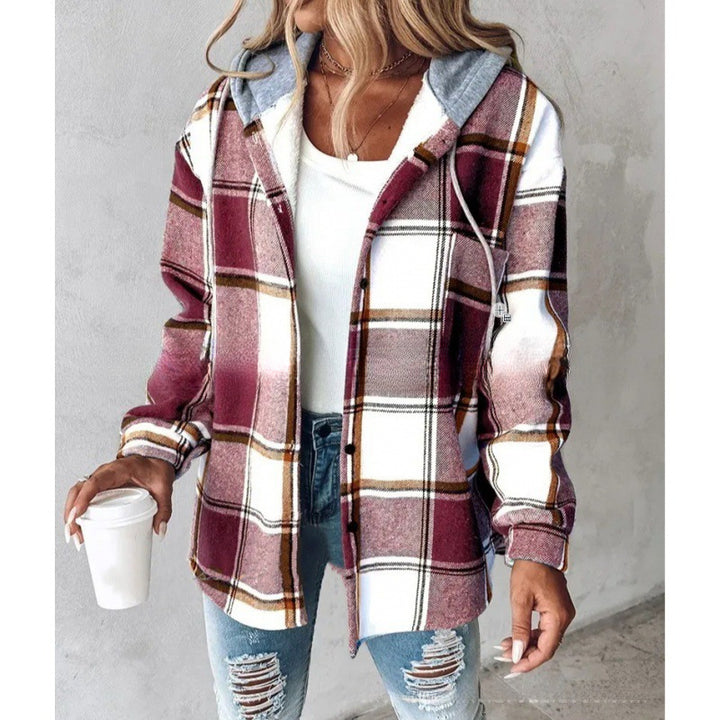 Plaid Hooded Jacket for Women – Button Front, Casual Cotton Blend