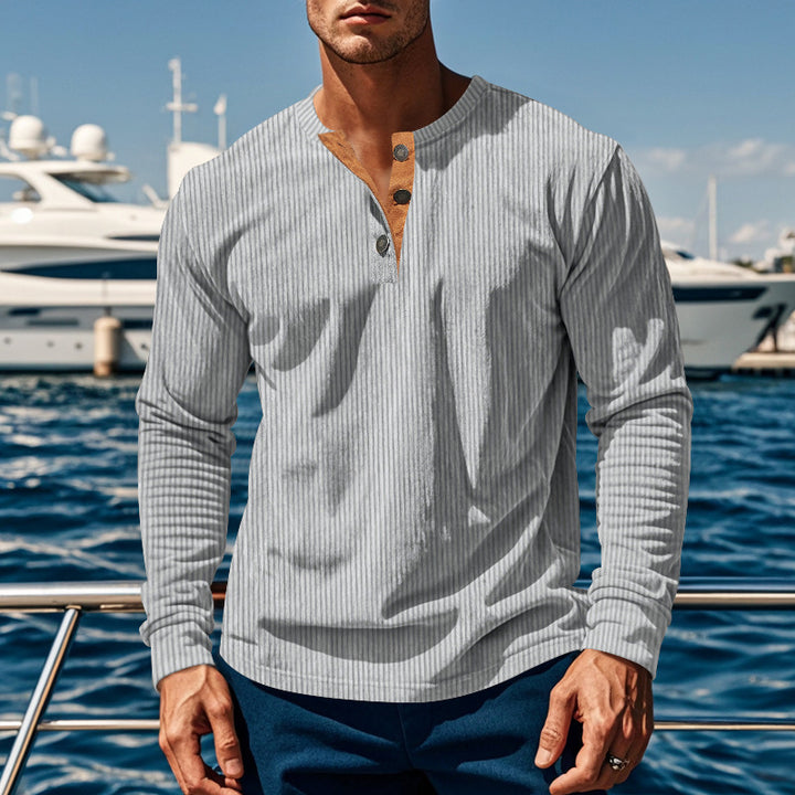 Corduroy Shirt for Men – Slim-Fit Pullover, Four-Button Long Sleeve