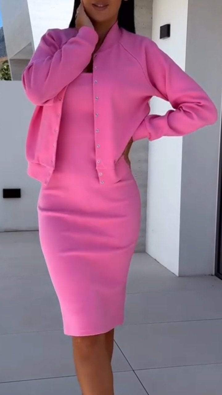 Two Piece Skirt and Jacket Set for Women – Soft-Touch, Button Detail