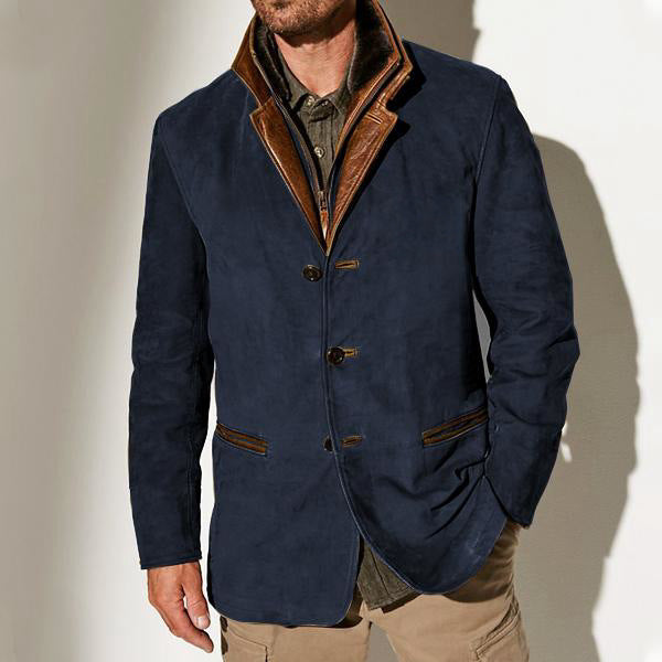 Men's Patchwork Jacket – Retro Style with Contrast Collar & Patch Pockets