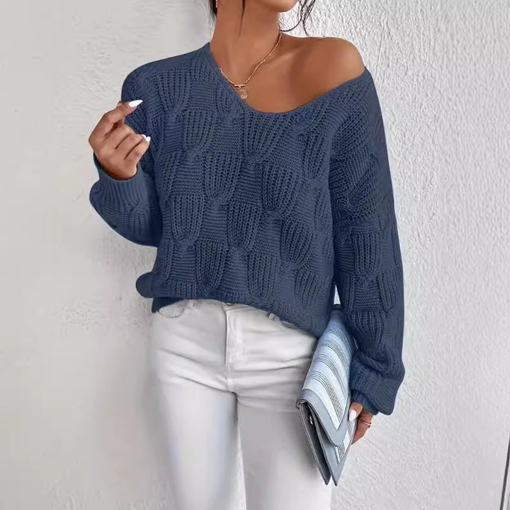 Women's Loose Knit Pullover Sweater – V-Neck Solid Relaxed Fit
