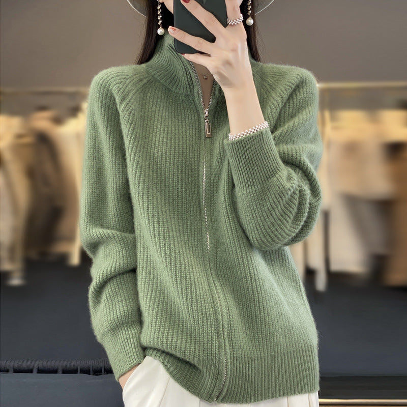Women's Wool Turtleneck Zipper Cardigan – Ribbed Thick Knit