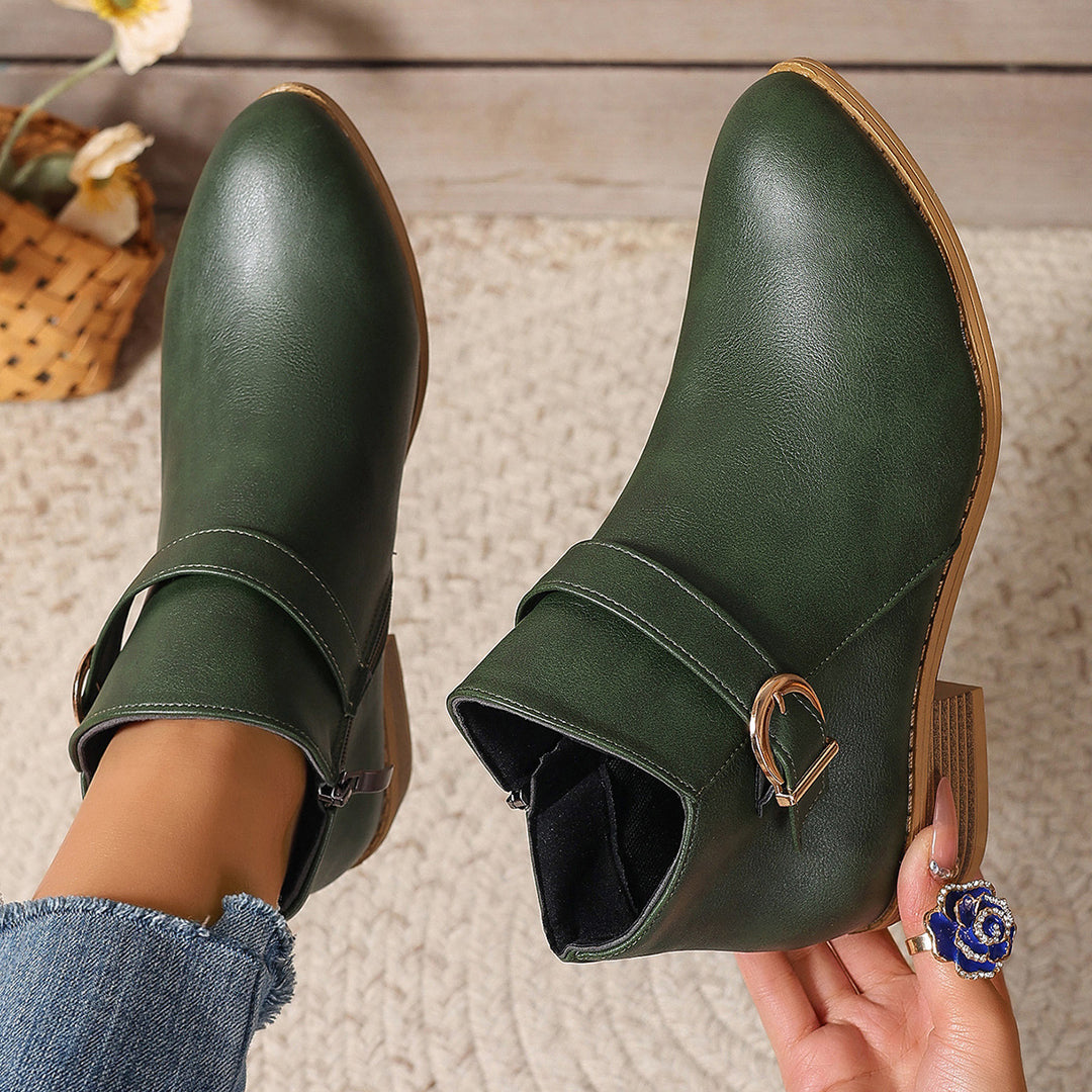Women's Block Heel Ankle Boot – Buckle Strap Cotton Lined Leather