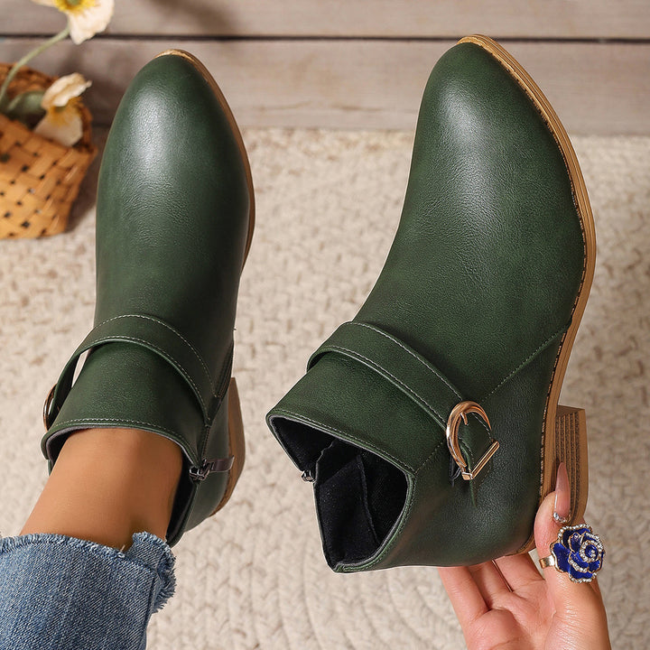 Women's Block Heel Ankle Boot – Buckle Strap Cotton Lined Leather