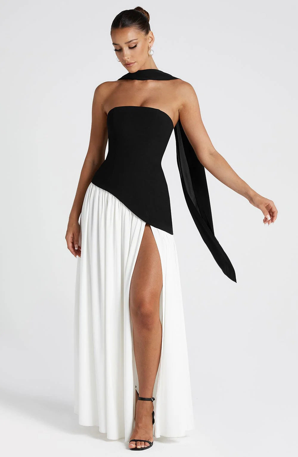 Women's Strapless Slit Dress – High Waist Patchwork Silhouette