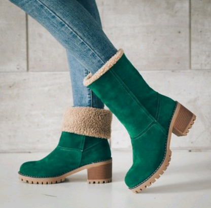 Women's Suede Mid-Tube Boot – Low Block Heel Winter Comfort