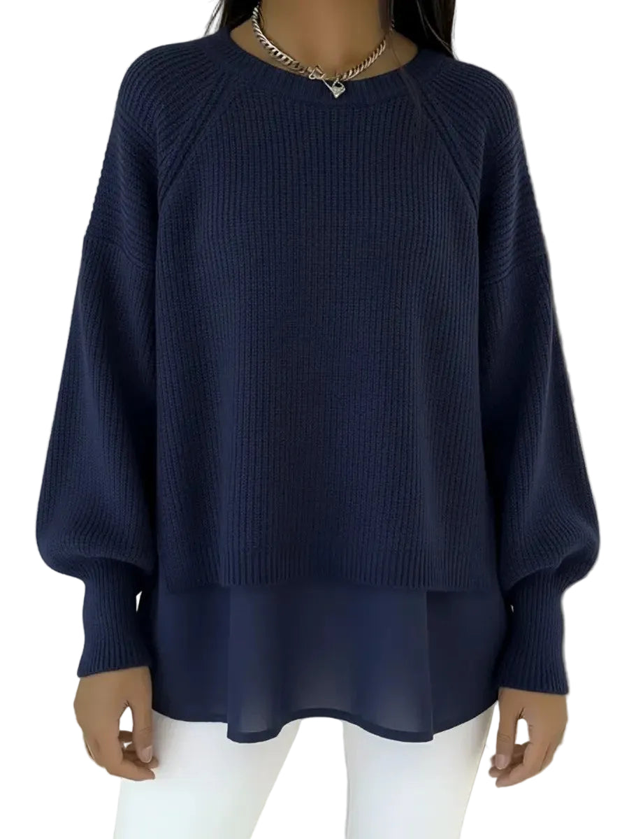 Women's Knit Sweater With Chiffon Hem – Relaxed Lantern Sleeve Design