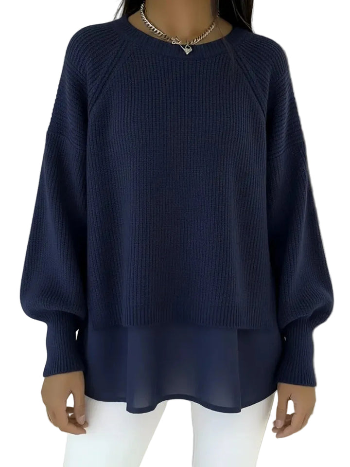 Women's Knit Sweater With Chiffon Hem – Relaxed Lantern Sleeve Design